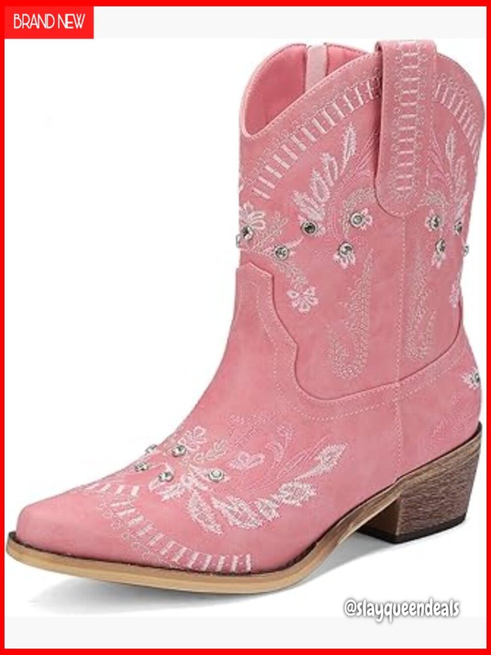 Rhinestone Embroidered Ankle Cowboy Boots Low Heel Pull On Western Booties